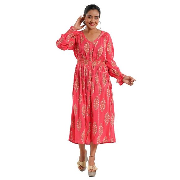 Coral or Navy Button Front Midi Dress with Smocking Dress - Picture 2 of 9